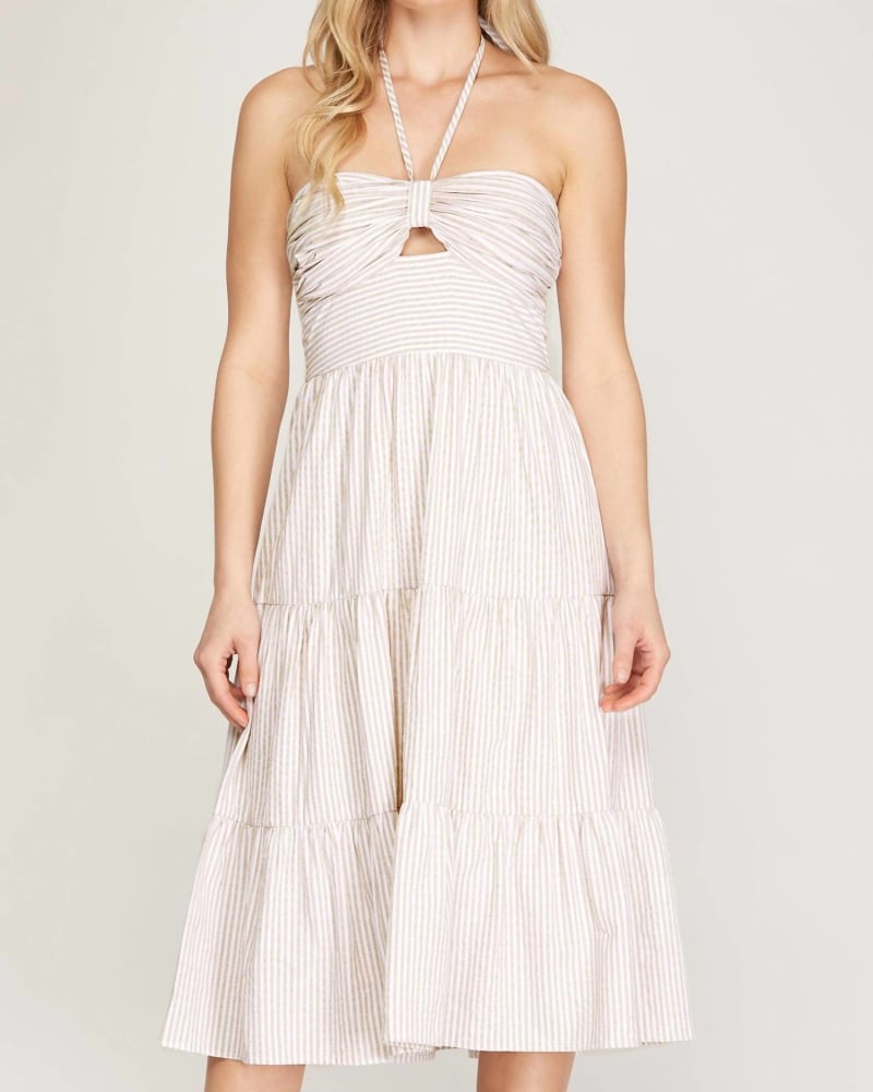Front of a model wearing a size Large Tallulah Falls Sleeveless Halter Midi Dress In White/Tan in White/Tan by SHE + SKY. | dia_product_style_image_id:346844